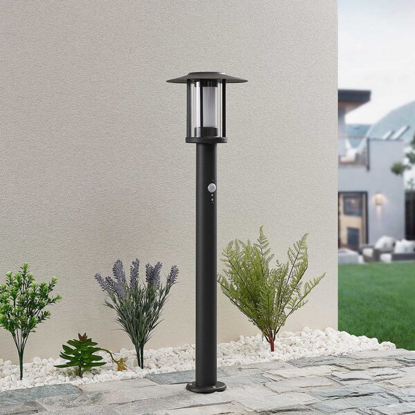 Lindby Gregory bornă luminoasă LED, 76cm, senzor, gri închis, IP44, Negru, Oțel inoxidabil, Modern