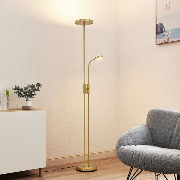 Lindby Lampadar LED Seppa, rotund, alamă, metal, 180 cm, reglabil, Auriu / Alamă, Camera de zi / sufragerie, Metal, Modern, Lumină de lectură