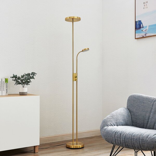 Lindby Lampadar LED Seppa, rotund, alamă, metal, 180 cm, reglabil, Auriu / Alamă, Camera de zi / sufragerie, Metal, Modern, Lumină de lectură