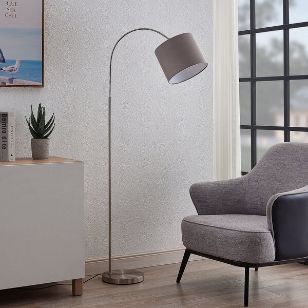 Lindby Lampadar Keriba, nichel/gri, țesătură, 150 cm, E27, Gri, Camera de zi / sufragerie, Metal, Modern, Arc în picioare