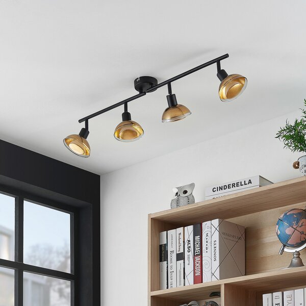 Lindby Spot de plafon Erin, negru/auriu, 4 lumini, sticlă, Negru, Camera de zi / sufragerie, Metal