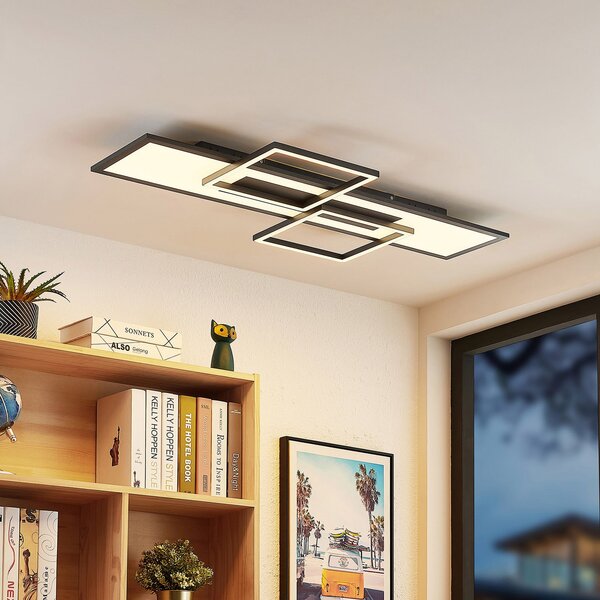Lucande plafonieră LED Narumi, CCT, 110cm, negru, aluminiu, reglabil, Negru, Camera de zi / sufragerie, Metal, Modern