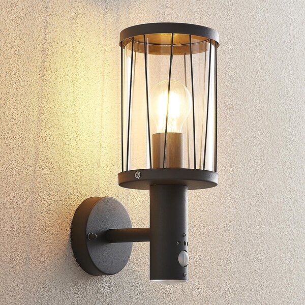 Lindby lampă de perete pentru exterior Yonan, înălțime 34 cm, antracit, senzor, Negru, Metal, Modern