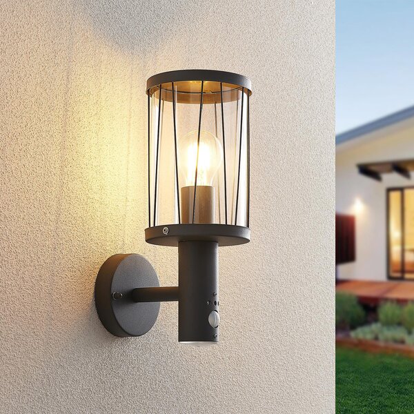 Lindby lampă de perete pentru exterior Yonan, înălțime 34 cm, antracit, senzor, Negru, Metal, Modern