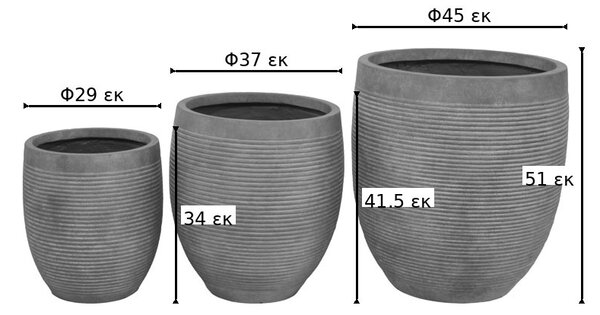 Set 3 buc. ghivece decorative, Berzoka, Gri inchis, 45x45x51 cm