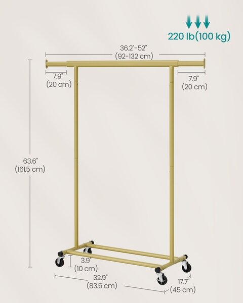 Suport pentru haine reglabil cu roti Songmics Auriu 132x45x161.5 cm