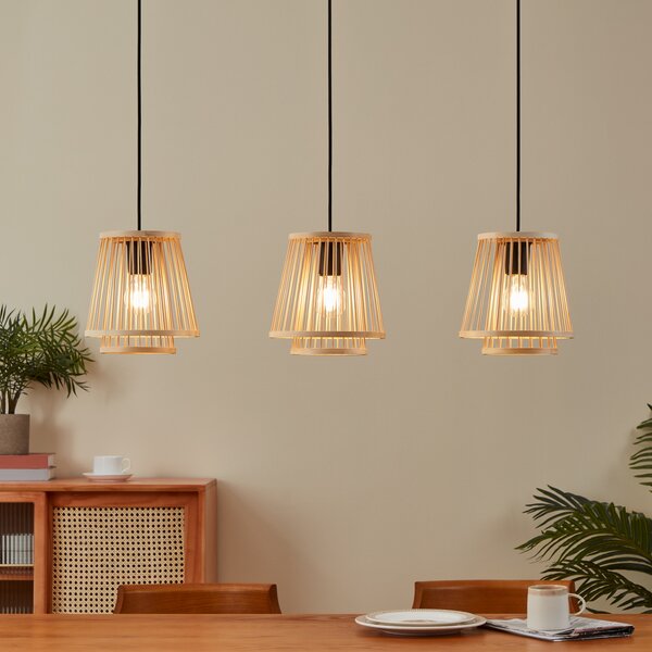 EGLO Lampă suspendată Hykeham, lungime 91 cm, naturală, 3 lumini, bambus, Lemn, Camera de zi / sufragerie, Bamboo, Scandinavă