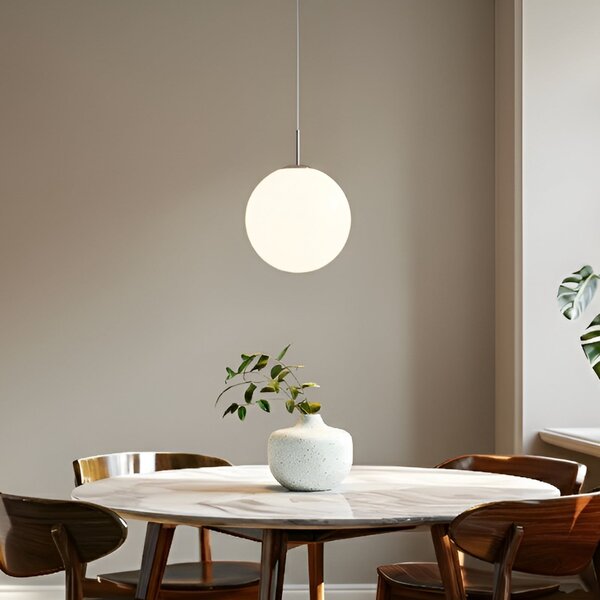 Lindby lampă suspendată Marike, Ø 35 cm, alb, sticlă, glob, E27, reglabil, Alb, Camera de zi / sufragerie, Sticlă, Modern, glob