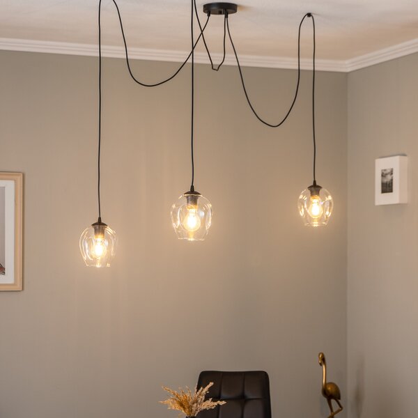 EMIBIG LIGHTING Lampa suspendată Starla, descentrată, cu 3 becuri, transparentă, sticlă, E27, reglabil, Transparent, Camera de zi / sufragerie, Metal, Modern
