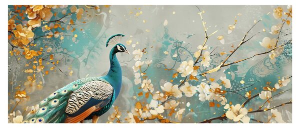 Tablou - Păun cu decor de aur (120x50 cm)
