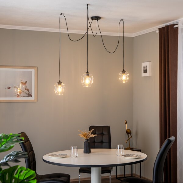 EMIBIG LIGHTING Lampa suspendată Starla, descentrată, cu 3 becuri, transparentă, sticlă, E27, reglabil, Transparent, Camera de zi / sufragerie, Metal, Modern