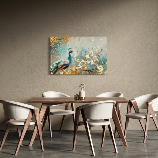 Tablou - Păun cu decor de aur (90x60 cm)