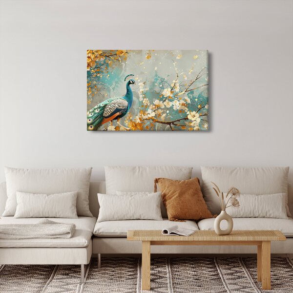 Tablou - Păun cu decor de aur (90x60 cm)