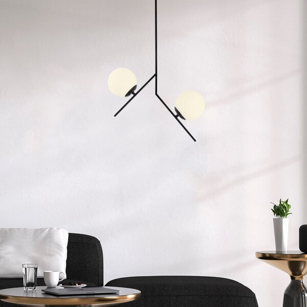 Opviq Lampă suspendată Dolunay 144-AV negru două abajururi de sticlă, reglabil, Negru, Camera de zi / sufragerie, Metal, Modern, glob