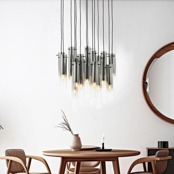 Brilliant Suspensie Glasini, Ø 52 cm, gri fumuriu, 14 lumini, sticlă, reglabil, Gri, Camera de zi / sufragerie, Sticlă, Modern
