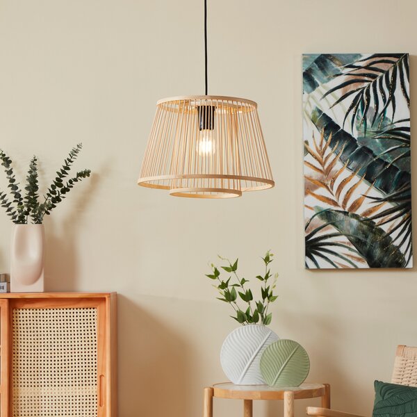 EGLO Lampă suspendată Hykeham, Ø 38 cm, naturală, bambus, Lemn, Camera de zi / sufragerie, Bamboo, Scandinavă