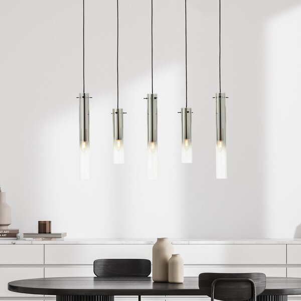 Brilliant Suspensie Glasini, lungime 95 cm, gri fumuriu, 5 lumini, sticlă, reglabil, Gri, Camera de zi / sufragerie, Sticlă, Modern