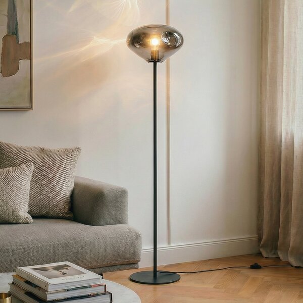 Lindby Lampadar Lelia, gri fumuriu, sticlă, metal, 150 cm, Gri, Camera de zi / sufragerie, Sticlă, Design