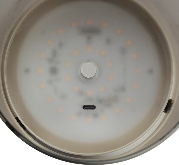 Brilliant Lampa de masă LED Lumeo, Ø 13 cm, culoare alamă/gri fum, reglabil, Gri, Camera de zi / sufragerie, Sticlă