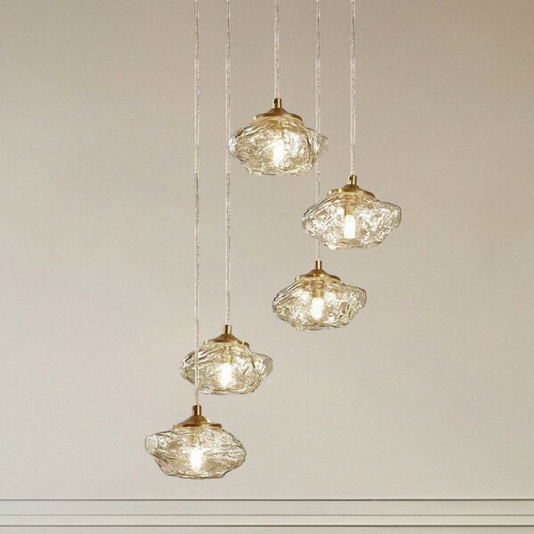 Lindby Lampă suspendată Piatra, Ø45cm, 5 becuri, coniac/zahăr, sticlă, reglabil, Transparent, Camera de zi / sufragerie, Sticlă, Modern