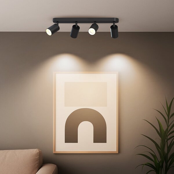Calex Spot de tavan GU10, negru, lungime 49 cm, 4 becuri, metal, reglabil, Negru, Camera de zi / sufragerie, Metal, Modern, Plafon semicircular cu spațiere