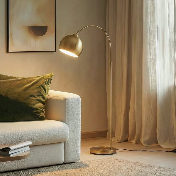 Lindby Lampă de podea arcuită Moisia, alamă, metal, 148 cm, Auriu / Alamă, Camera de zi / sufragerie, Metal, Modern