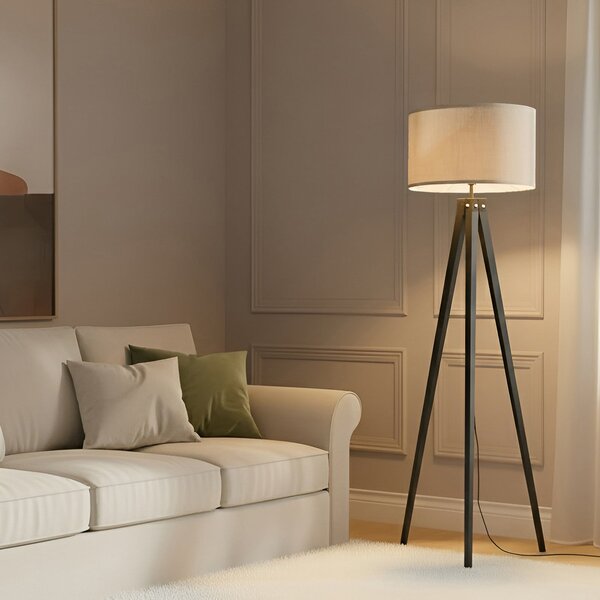 Lindby lampadar Herry, negru, lemn, trepied, 153 cm, Negru, Camera de zi / sufragerie, Țesătură / Textil, Scandinavă