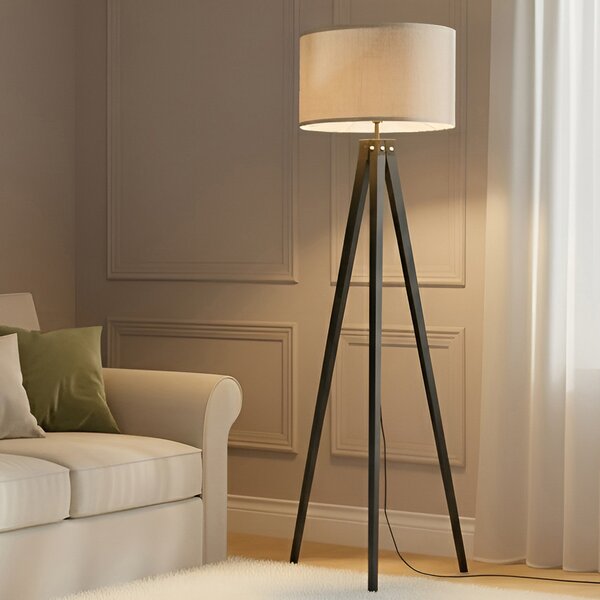 Lindby lampadar Herry, negru, lemn, trepied, 153 cm, Negru, Camera de zi / sufragerie, Țesătură / Textil, Scandinavă