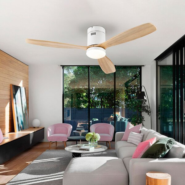 Schuller Valencia Ventilator de tavan cu LED Siroco, alb/lemn deschis Ø 132 cm, silențios, reglabil, Lemn, Camera de zi / sufragerie, Lemn, Modern