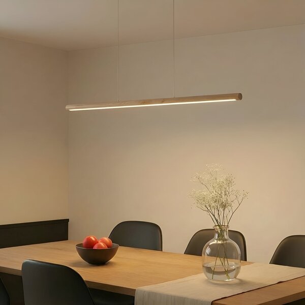 Lucande Lampă suspendată LED Maruta, lemn, grindă, 120 cm, 3000K, Lemn, Camera de zi / sufragerie, Lemn, Modern