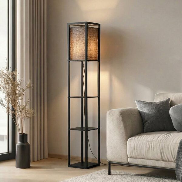 Lindby Lampadar Birta, negru, raft, lemn, 159 cm, Negru, Camera de zi / sufragerie, Lemn, Modern