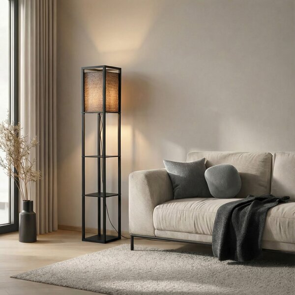 Lindby Lampadar Birta, negru, raft, lemn, 159 cm, Negru, Camera de zi / sufragerie, Lemn, Modern