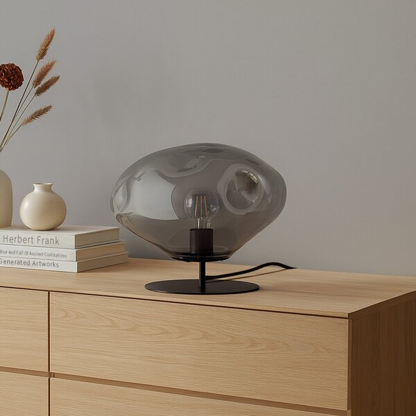 Lindby Lampă de masă Lelia, gri fum, sticlă, metal, Ø 35 cm, Gri, Camera de zi / sufragerie, Sticlă, Design