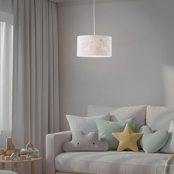 Duolla Lampă suspendată Mila, Ø 35 cm, alb, țesătură, unicorni, E27, reglabil, Alb, Camera copiilor, Țesătură / Textil