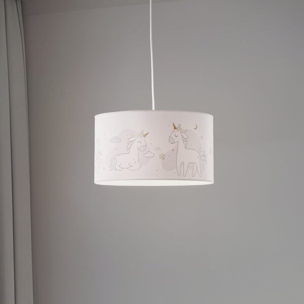 Duolla Lampă suspendată Mila, Ø 35 cm, alb, țesătură, unicorni, E27, reglabil, Alb, Camera copiilor, Țesătură / Textil