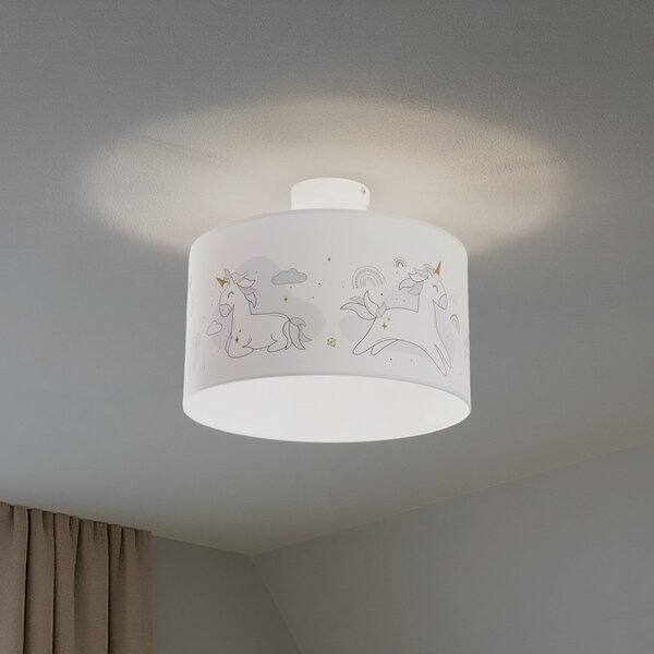 Duolla Lampă suspendată Mila, Ø 35 cm, țesătură, unicorni, E27, reglabil, Alb, Camera copiilor, Țesătură / Textil