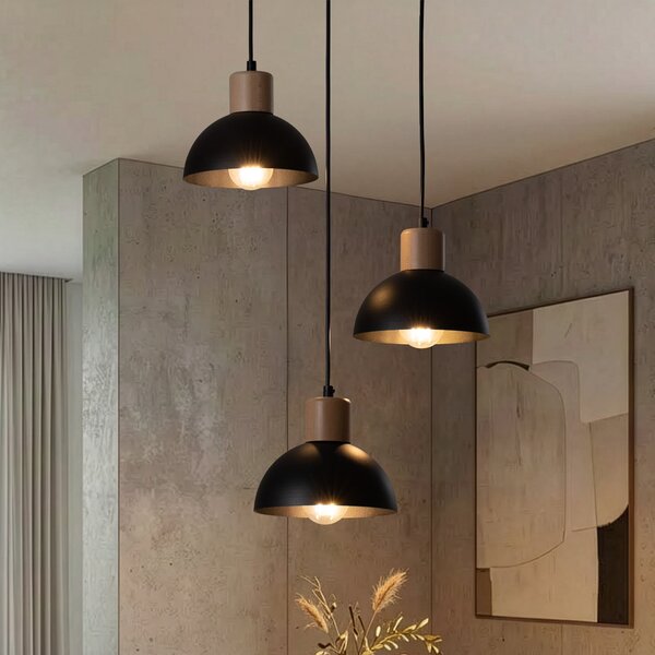 EMIBIG LIGHTING Lampă suspendată Seco, Ø 30 cm, negru, metal/lemn, 3 becuri., reglabil, Negru, Camera de zi / sufragerie, Metal
