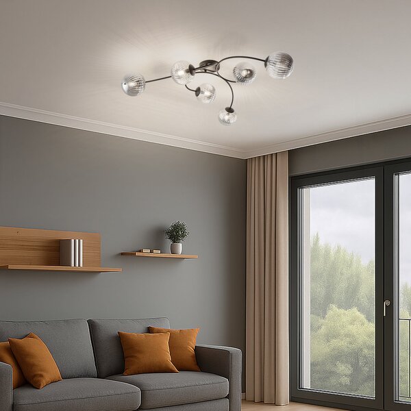 EMIBIG LIGHTING Plafonieră Vibra, gri fum/negru, lungime 97 cm, 6 becuri., reglabil, Gri, Camera de zi / sufragerie, Sticlă, Modern