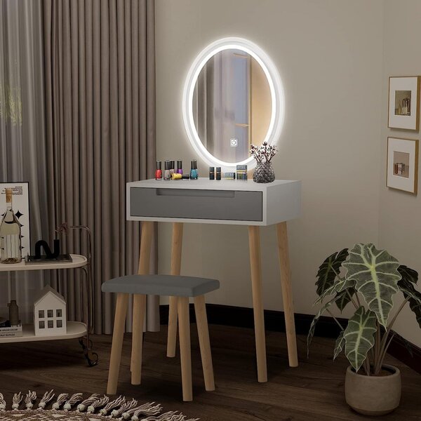SEA429 - Set Masa toaleta, 60 cm, cosmetica machiaj, oglinda cu LED, masuta vanity, scaun tapitat - Alb - Maro - Gri