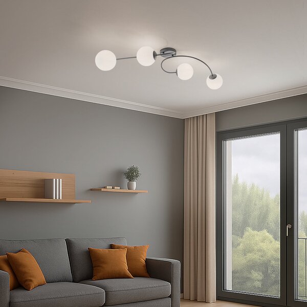 EMIBIG LIGHTING Plafonieră Vibra, opal/negru, lungime 110 cm, sticlă, 4 becuri., reglabil, Alb, Camera de zi / sufragerie, Sticlă, Modern