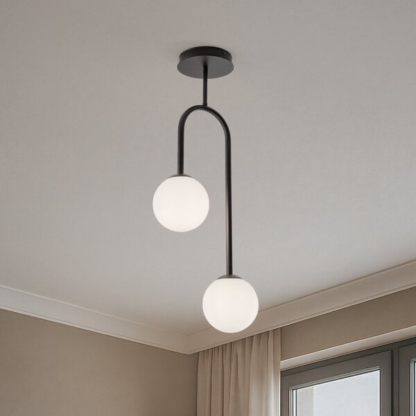 EMIBIG LIGHTING Plafonieră Atria, opal/negru, înălțime 76 cm, metal, 2 becuri., reglabil, Negru, Camera de zi / sufragerie, Metal