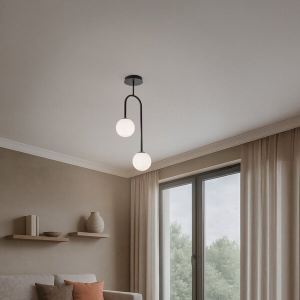 EMIBIG LIGHTING Plafonieră Atria, opal/negru, înălțime 76 cm, metal, 2 becuri., reglabil, Negru, Camera de zi / sufragerie, Metal