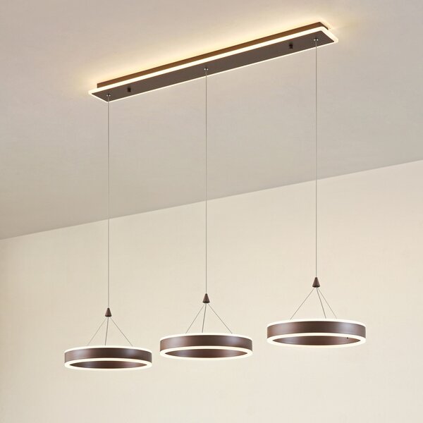 Lucande Lampă suspendată LED Kolo, 114 cm, 3 becuri, maro, dimabilă, reglabil, Maro / Rugină, Camera de zi / sufragerie, Metal, Modern
