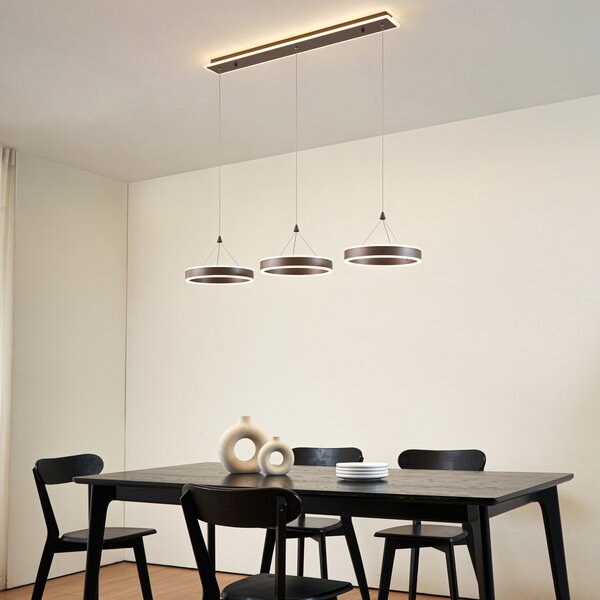 Lucande Lampă suspendată LED Kolo, 114 cm, 3 becuri, maro, dimabilă, reglabil, Maro / Rugină, Camera de zi / sufragerie, Metal, Modern