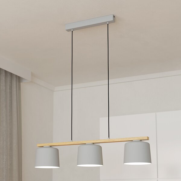 EGLO Mariel 3-lumină pandantiv lumină gri deschis lemn natural, reglabil, Gri, Camera de zi / sufragerie, Metal, Scandinavă