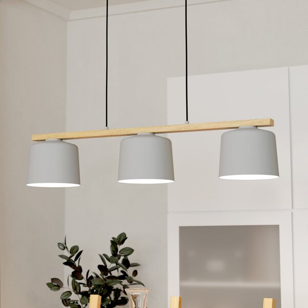 EGLO Mariel 3-lumină pandantiv lumină gri deschis lemn natural, reglabil, Gri, Camera de zi / sufragerie, Metal, Scandinavă