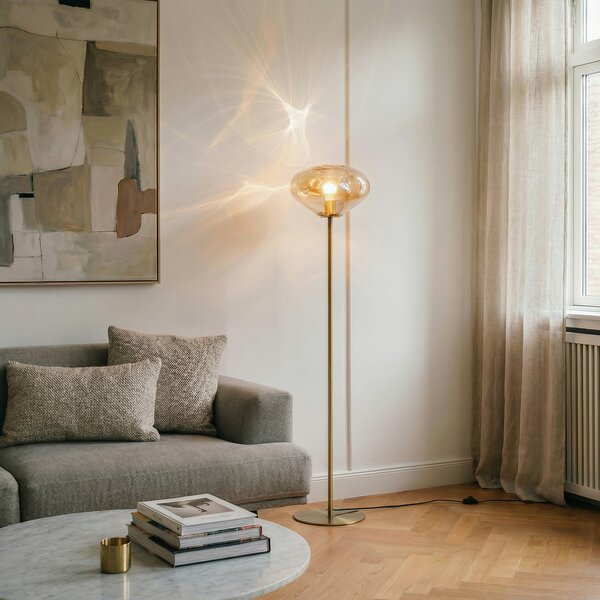 Lindby Lampadar Lelia, chihlimbar, sticlă, metal, 150 cm, Bej, Camera de zi / sufragerie, Sticlă, Design