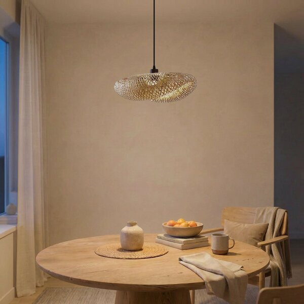Lindby Lampă suspendată Eleane, bambus, natural, lungime 50 cm, E27, reglabil, Lemn, Camera de zi / sufragerie, Bamboo, Casă de țară / Rustic