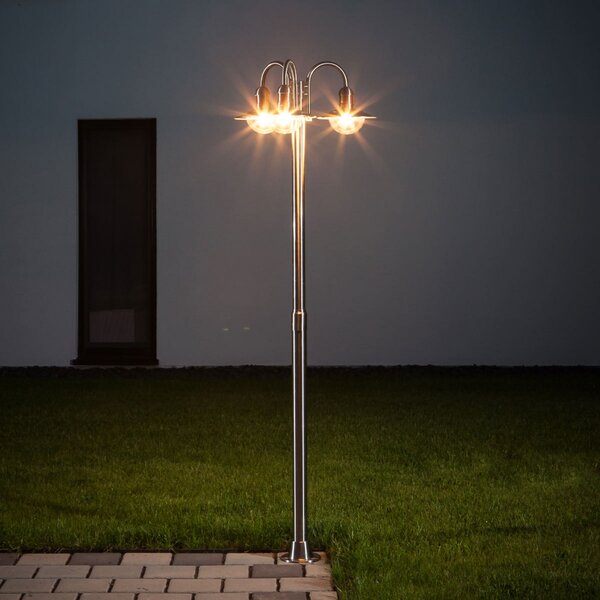 Lindby stâlp de iluminat Damion, 200 cm, 3 becuri, E27, IP44, reglabil, Metalic, Oțel inoxidabil, Modern