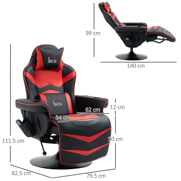 HOMCOM Scaun de Gaming cu Masaj, Suport pentru Picioare și Pernă, din Piele Sintetică, 79,5x82,5x111,5 cm, Negru și Roșu | Aosom Romania